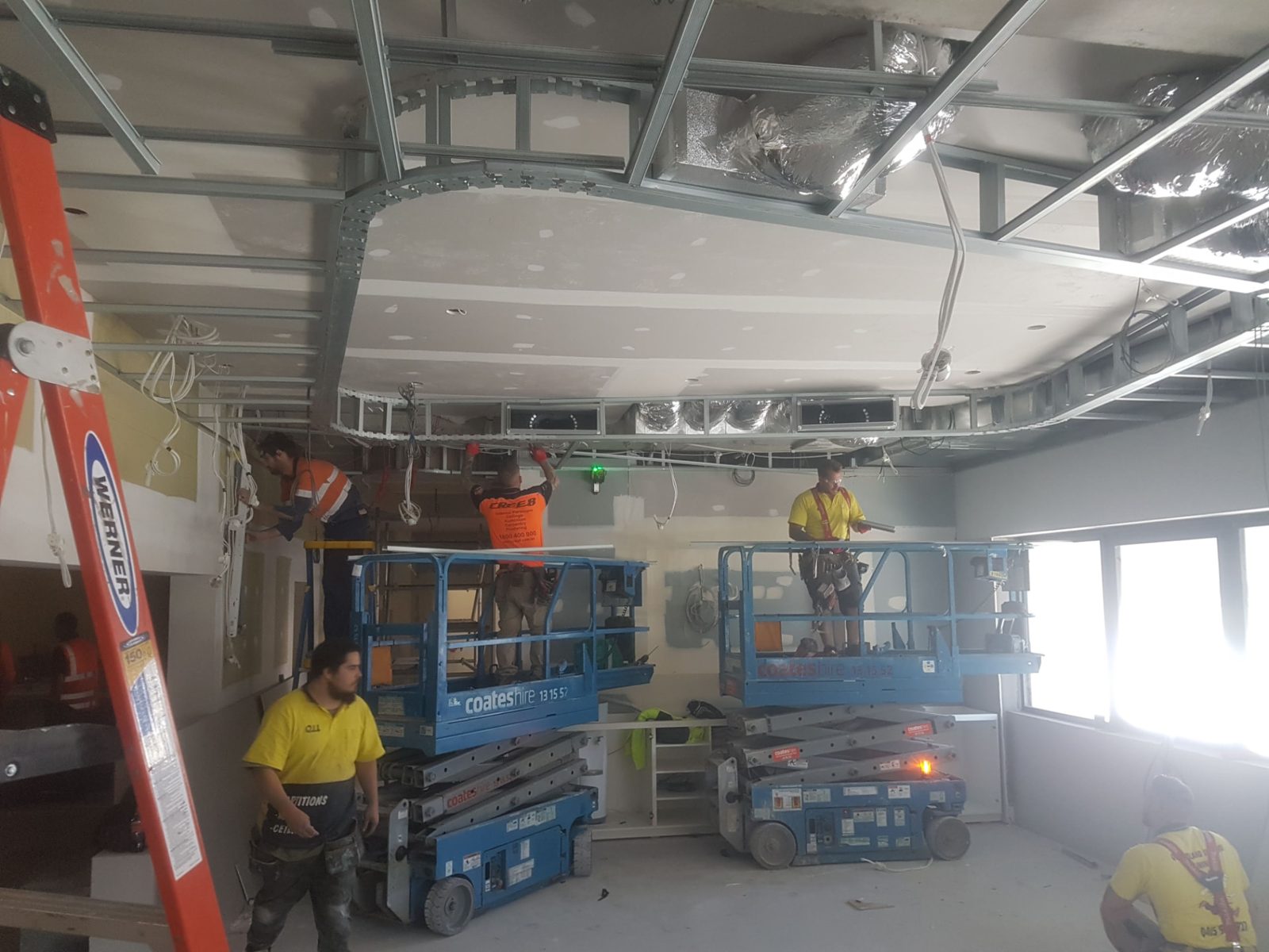 Exposed wall and ceiling construction during interior lining work