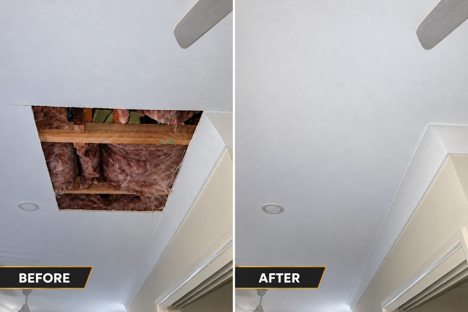 Ceiling patch before and after: an open hole in a ceiling made good with a finished lining